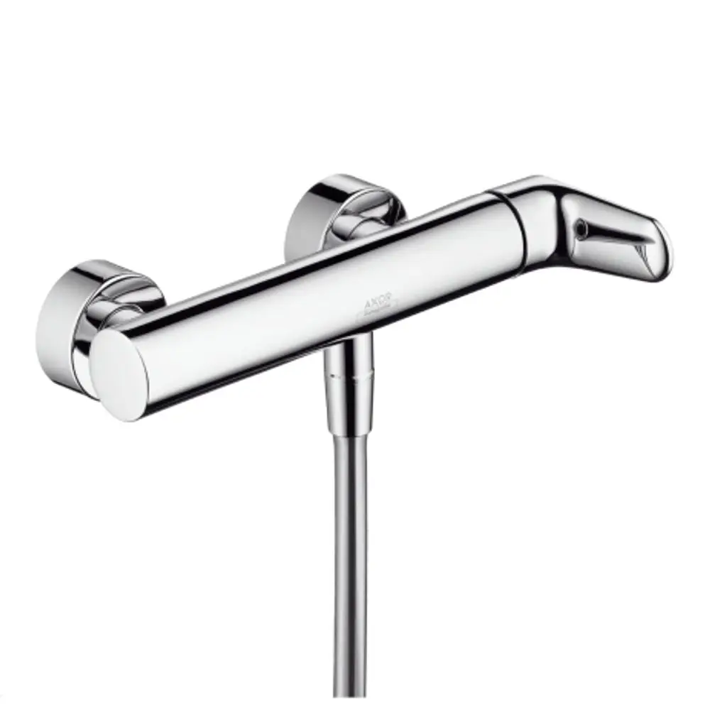 AXOR Aufputz-Brausemischer mit einem Hebel in verchromter Oberfläche. Handbrauseanschluss und zwei runde Wandbefestigungen sind vorhanden.